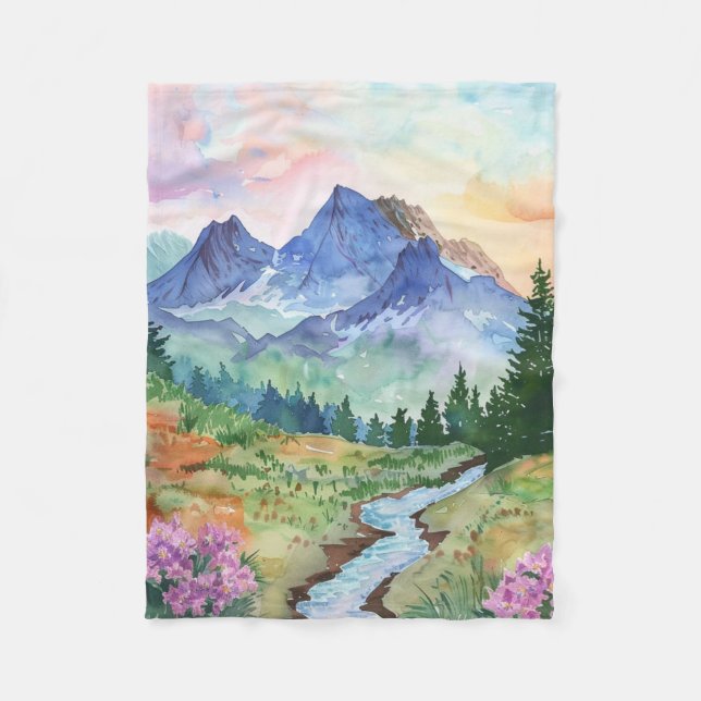 Watercolor Summer Mountain Fleecefilt (Framsidan)