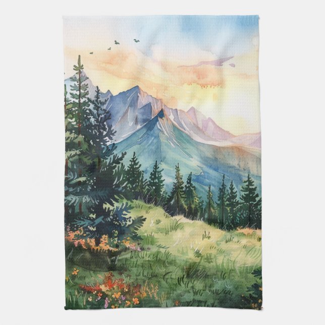 Watercolor Summer Mountain Kökshandduk (Vertikal)