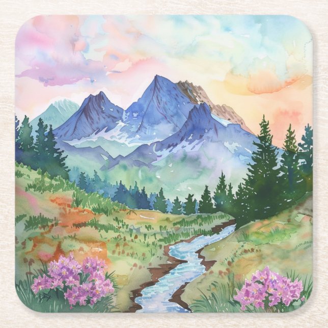 Watercolor Summer Mountain Underlägg Papper Kvadrat (Framsidan)