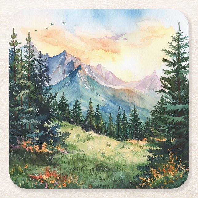 Watercolor Summer Mountain Underlägg Papper Kvadrat (Framsidan)