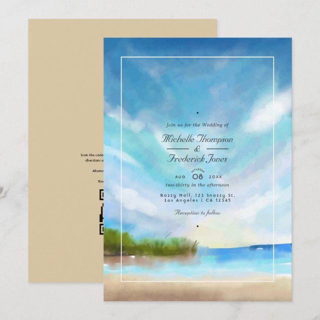 Watercolor Summer QR Code OSA Beach Wedding Inbjudningar (Fram/baksida)