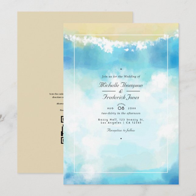 Watercolor Summer QR Code OSA Beach Wedding Inbjudningar (Fram/baksida)