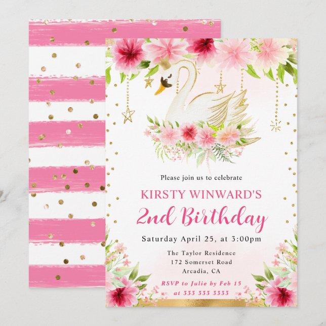 Watercolor Summer Rosa Flowers Svan Birthday Inbjudningar (Fram/baksida)
