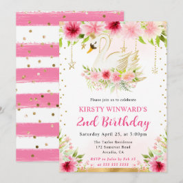 Watercolor Summer Rosa Flowers Svan Birthday Inbjudningar