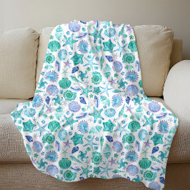 Watercolor Summer Snäckors och Starfish Coastal Fleecefilt