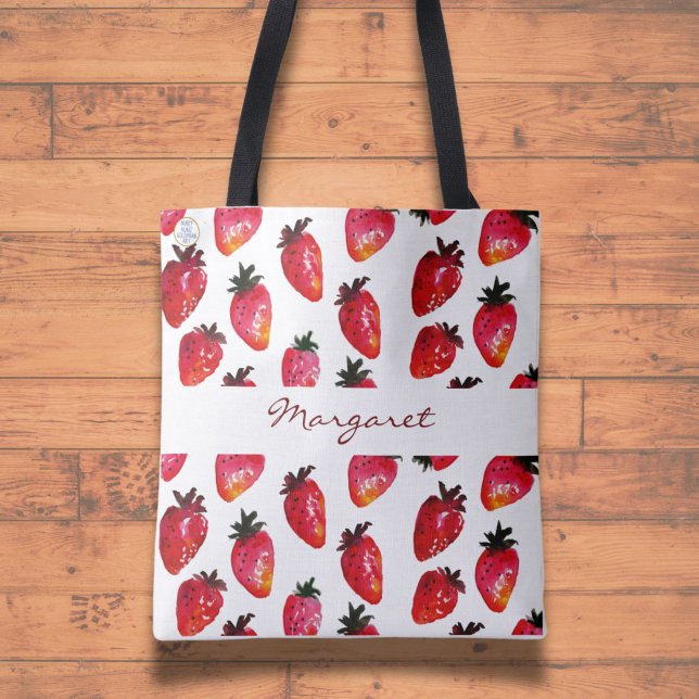 Watercolor Summer Strawbär Artistic Red White Tygkasse (This unique, hand-illustrated strawberry tote is great for the beach or the farmers' market!)
