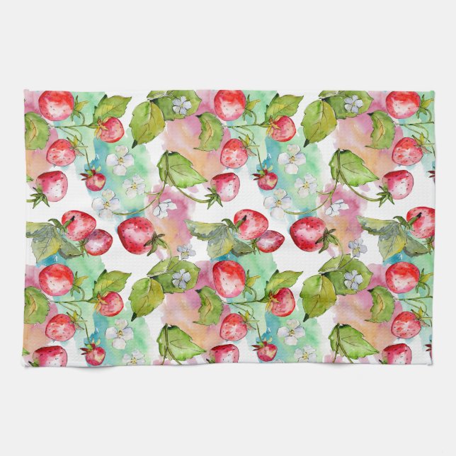 Watercolor Summer Strawberry Mönster Kökshandduk (Horisontell)