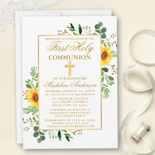 Watercolor Sunblommblommor Greenery First Communio Inbjudningar