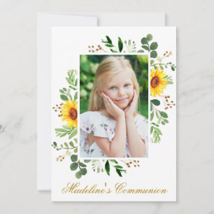 Watercolor Sunblommblommor Greenery Photo Communio Inbjudningar