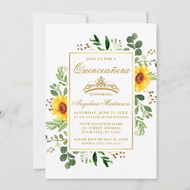 Watercolor Sunblommblommor Greenery Quinceanera Gu Inbjudningar (Framsida)
