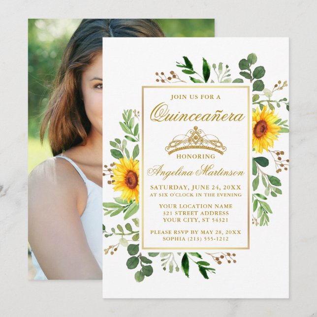 Watercolor Sunblommblommor Greenery Quinceanera Ph Inbjudningar (Fram/baksida)
