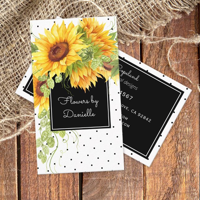 Watercolor Sunblommor Bouquet och Polka dots Visitkort (Skapare uppladdad)