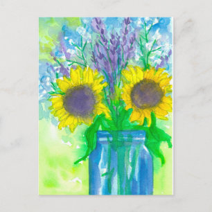 Watercolor Sunblommor Bouquet Vykort