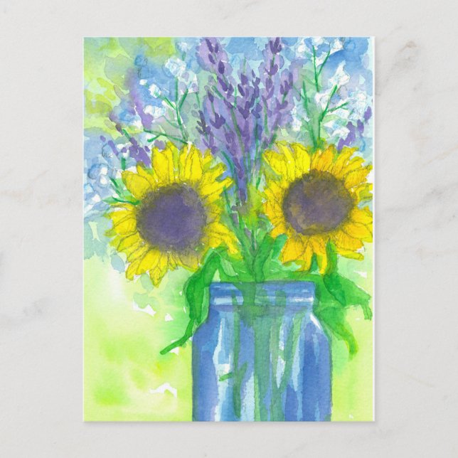 Watercolor Sunblommor Bouquet Vykort (Framsida)