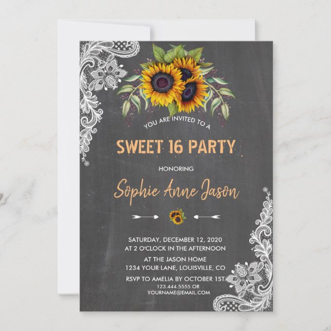 Watercolor Sunblommor Chalkboard Sweet sixteen Inbjudningar (Framsida)