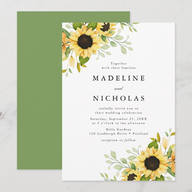 Watercolor Sunblommor & Greenery Bröllop Inbjudningar (Fram/baksida)