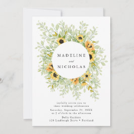 Watercolor Sunblommor & Greenery Bröllop Inbjudningar