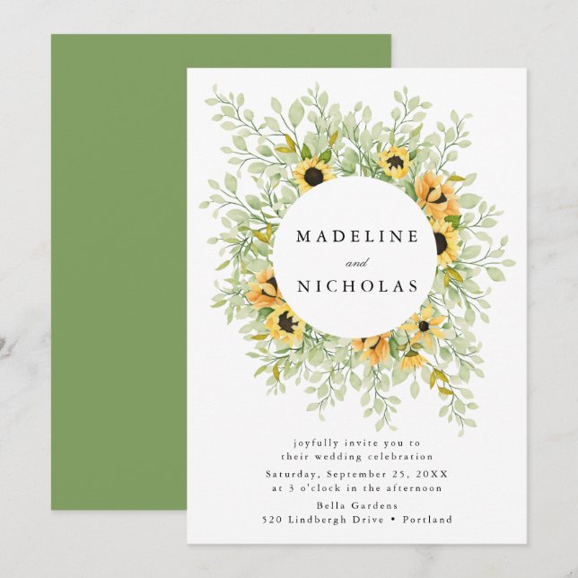Watercolor Sunblommor & Greenery Bröllop Inbjudningar (Fram/baksida)