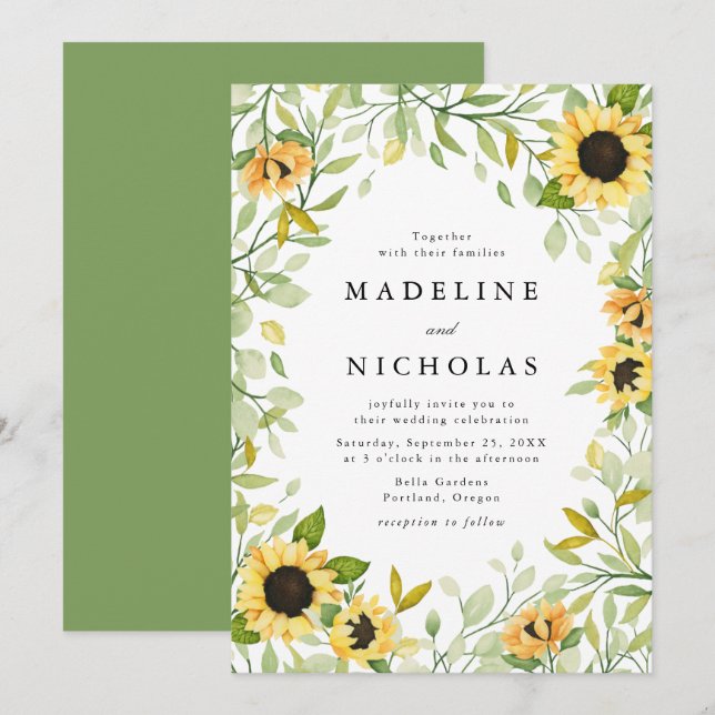Watercolor Sunblommor & Greenery Bröllop Inbjudningar (Fram/baksida)