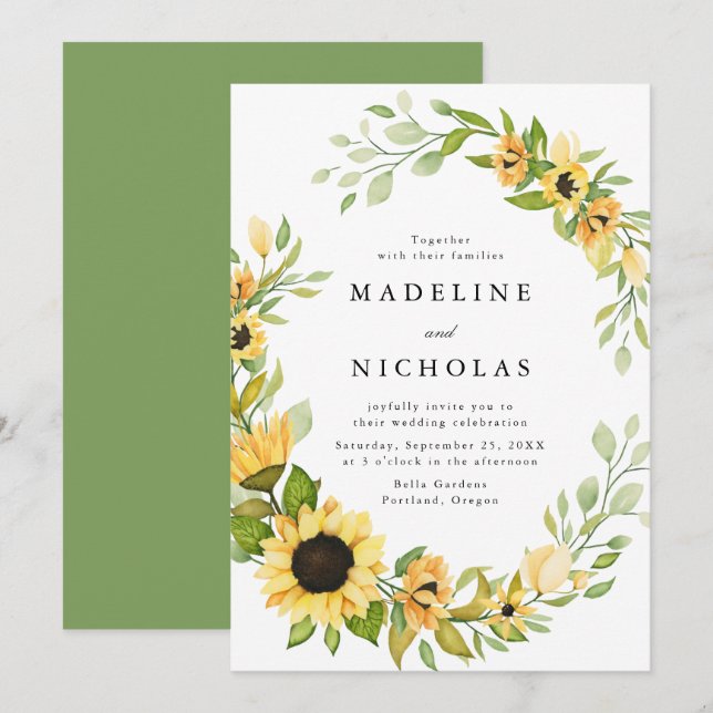 Watercolor Sunblommor & Greenery Bröllop Inbjudningar (Fram/baksida)