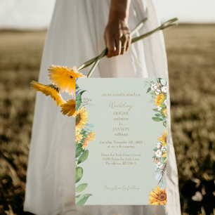 Watercolor Sunblommor Guld Text Sage Bröllop Inbjudningar