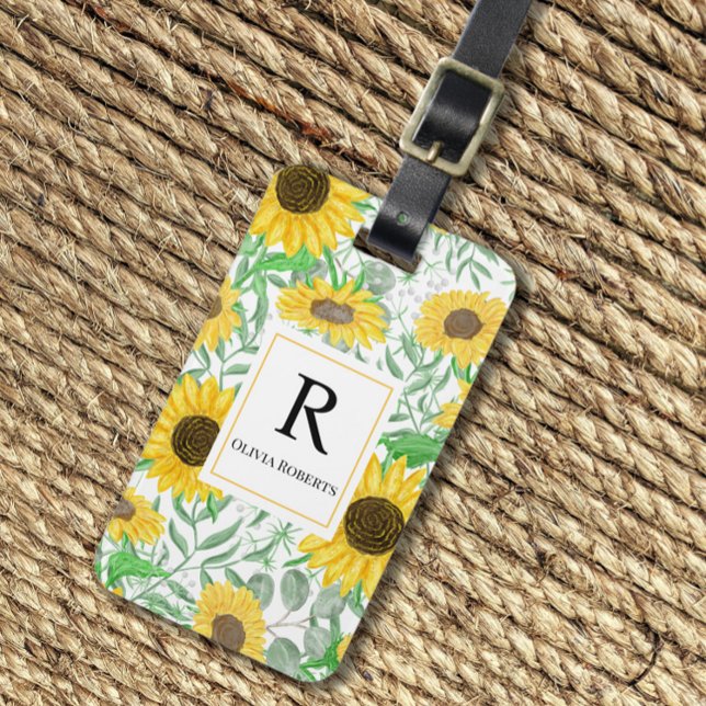 Watercolor Sunblommor Monogram Bagagebricka (Skapare uppladdad)