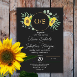 Watercolor Sunblommor Monogram Black Bröllop Inbjudningar