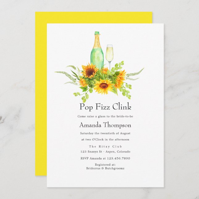 Watercolor Sunblommor Pop Fizz Clink Möhippa Inbjudningar (Fram/baksida)