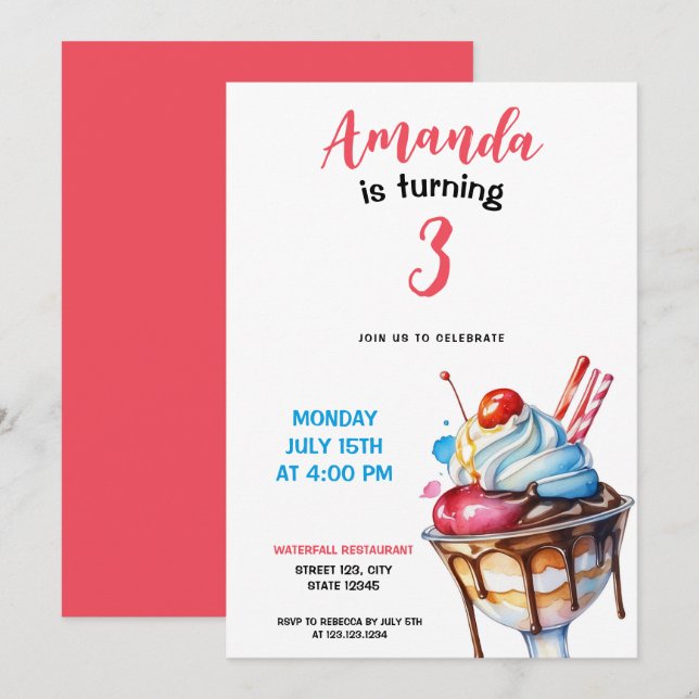 Watercolor Sundae Ice Cream Birthday Inbjudningar (Fram/baksida)