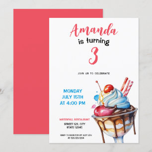Watercolor Sundae Ice Cream Birthday Inbjudningar