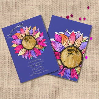 Watercolor Sunflower Floral Purple & Pink Birthday Inbjudningar