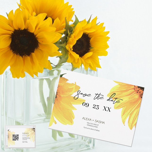 Watercolor Sunflowers Wedding QR Code Spara Datumet (Skapare uppladdad)