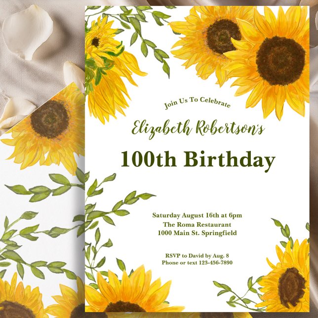 Watercolor Sunflowers Women's 100th Birthday  Inbjudningar (Skapare uppladdad)