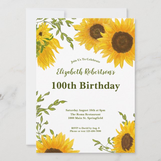 Watercolor Sunflowers Women's 100th Birthday  Inbjudningar (Framsida)