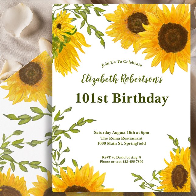 Watercolor Sunflowers Women's 101st Birthday  Inbjudningar (Skapare uppladdad)