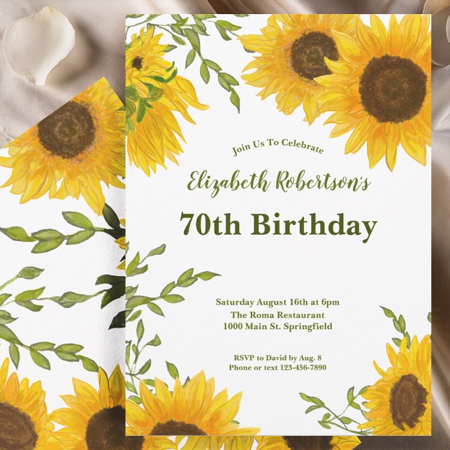 Watercolor Sunflowers Women's 70th Birthday  Inbjudningar (Skapare uppladdad)