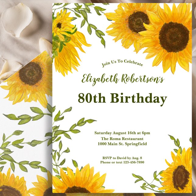 Watercolor Sunflowers Women's 80th Birthday  Inbjudningar (Skapare uppladdad)