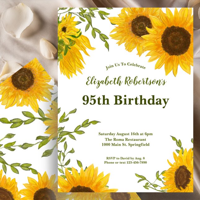 Watercolor Sunflowers Women's 95th Birthday  Inbjudningar (Skapare uppladdad)