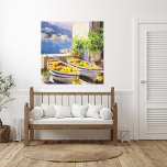 Watercolor Sunny Day i Capri Canvastryck<br><div class="desc">Kanvastryck med en vågig vattenfärgscen på en sommardag i havet, på ön Capri, Italien. I tryckningen visas citroner som är utspridda i blå och vita rowbåtar i framkanten med båtar som färdas på den blå havsviken, vid roaming av backe och vid kapri i bakgrunden. Visas i 12x12-kvadratisk arbetsyta. Ytterligare storlekar...</div>