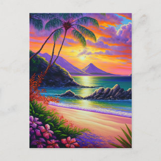 Watercolor Sunset Beach-bakgrund Vykort