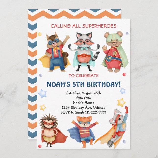 Watercolor Superheroes Födelsedagsfest inbjudan (Fram/baksida)