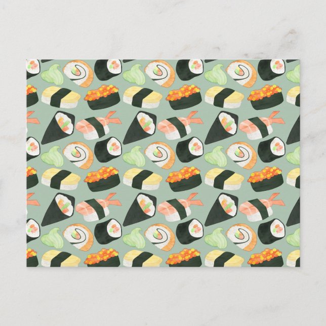 Watercolor Sushi Mönster Vykort (Framsida)