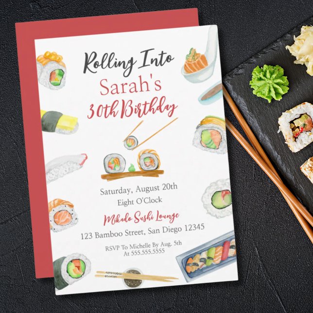Watercolor Sushi och Sashimi oavsett ålder Födelse Inbjudningar (Skapare uppladdad)