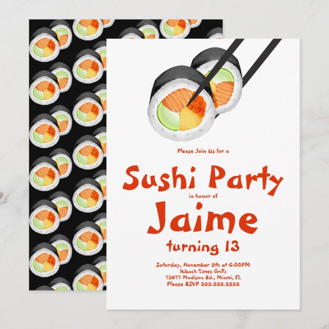Watercolor Sushi Rolls Tonåring Birthday Hibachi Inbjudningar (Fram/baksida)