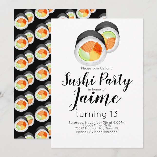 Watercolor Sushi Tonåring Birthday Hibachi Food Inbjudningar (Fram/baksida)