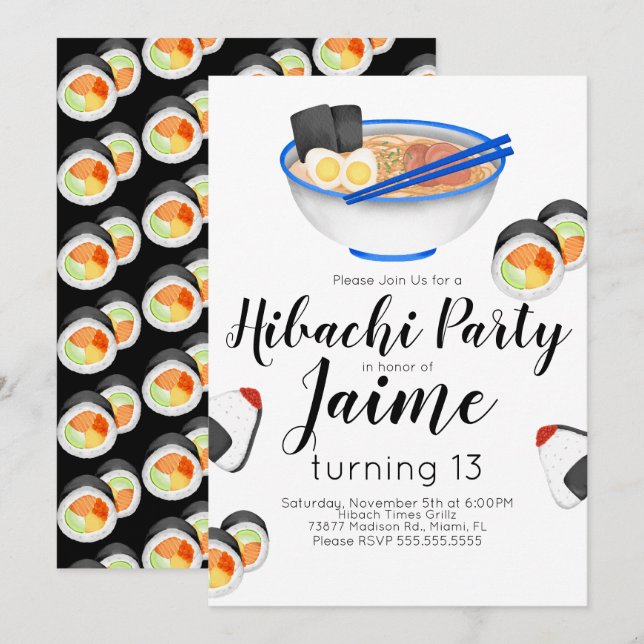 Watercolor Sushi Tonåring Birthday Hibachi Noodles Inbjudningar (Fram/baksida)