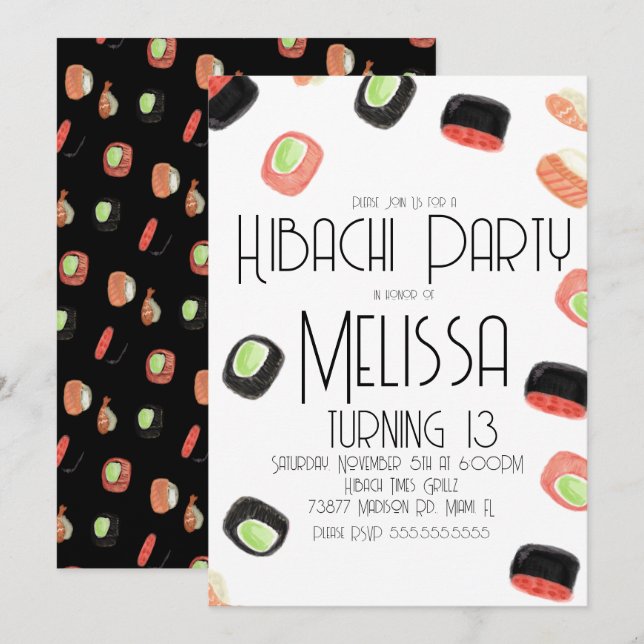 Watercolor Sushi Tonåring Birthday Hibachi Restaur Inbjudningar (Fram/baksida)