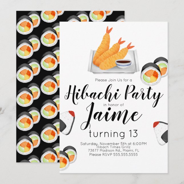 Watercolor Sushi Tonåring Birthday Hibachi Tempura Inbjudningar (Fram/baksida)