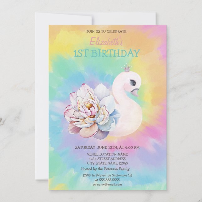 Watercolor Svan Flowers Tie Dye Birthday Inbjudningar (Framsida)