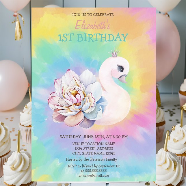 Watercolor Svan Flowers Tie Dye Birthday Inbjudningar (Skapare uppladdad)